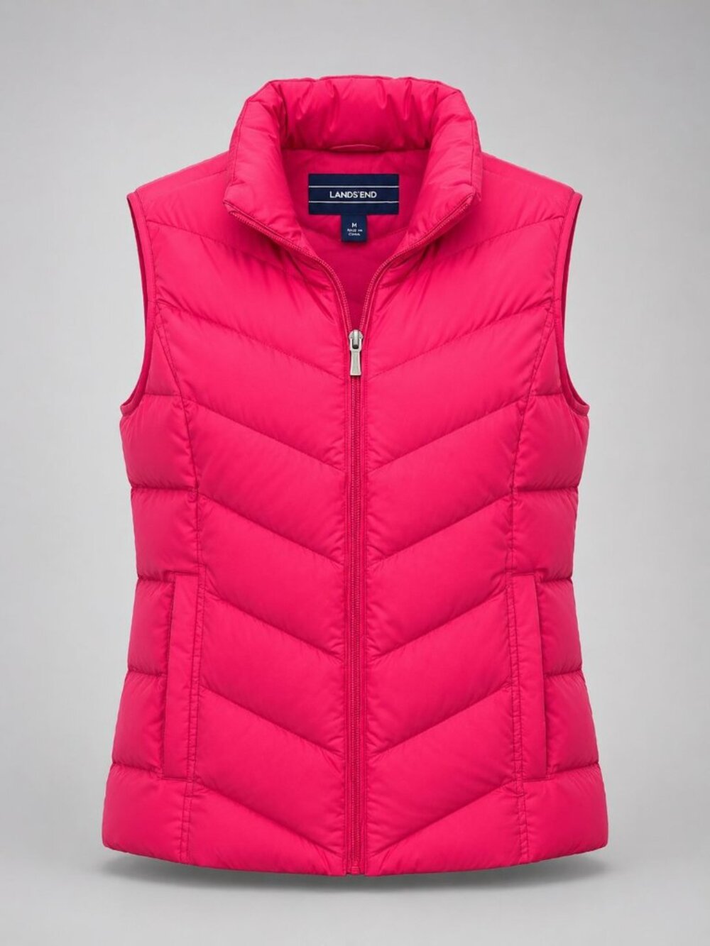 Lands End Womens Medium Vest Pink Quilted Puffer Insulated Down Feather Zip